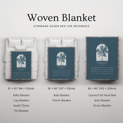 Woven blanket with size chart on a light gray background