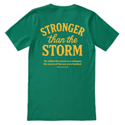 Christian t-shirt with “Stronger Than the Storm – Psalm 107:29” in bold lettering; unisex soft cotton faith shirt declaring God's power and peace in any storm.
