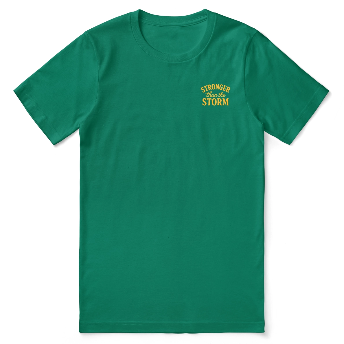 Christian t-shirt with “Stronger Than the Storm – Psalm 107:29” in bold lettering; unisex soft cotton faith shirt declaring God's power and peace in any storm.