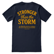 Christian t-shirt with “Stronger Than the Storm – Psalm 107:29” in bold lettering; unisex soft cotton faith shirt declaring God's power and peace in any storm.