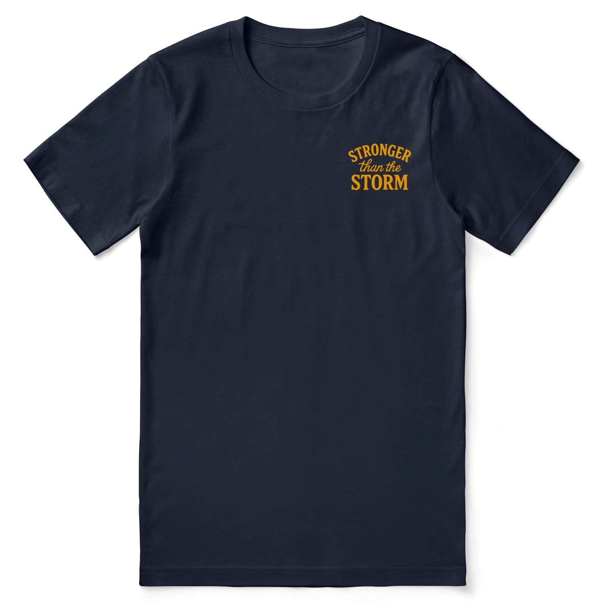 Christian t-shirt with “Stronger Than the Storm – Psalm 107:29” in bold lettering; unisex soft cotton faith shirt declaring God's power and peace in any storm.