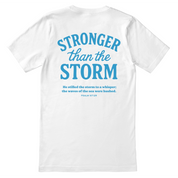 Christian t-shirt with “Stronger Than the Storm – Psalm 107:29” in bold lettering; unisex soft cotton faith shirt declaring God's power and peace in any storm.