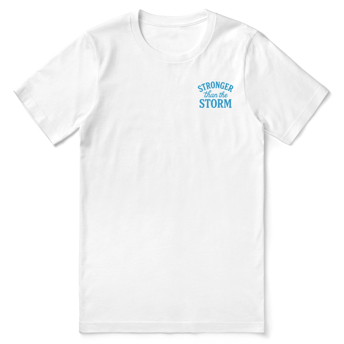 Christian t-shirt with “Stronger Than the Storm – Psalm 107:29” in bold lettering; unisex soft cotton faith shirt declaring God's power and peace in any storm.