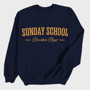 Christian crewneck sweatshirt with the phrase “Sunday School Devotion Dept. – God’s Truth” in varsity-style lettering; cozy unisex cotton-poly blend for faith-based everyday wear.