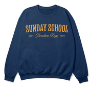 Christian crewneck sweatshirt with the phrase “Sunday School Devotion Dept. – God’s Truth” in varsity-style lettering; cozy unisex cotton-poly blend for faith-based everyday wear.