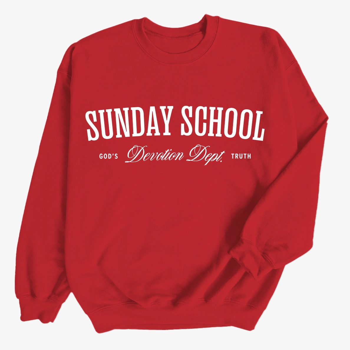Christian crewneck sweatshirt with the phrase “Sunday School Devotion Dept. – God’s Truth” in varsity-style lettering; cozy unisex cotton-poly blend for faith-based everyday wear.