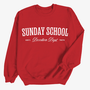 Christian crewneck sweatshirt with the phrase “Sunday School Devotion Dept. – God’s Truth” in varsity-style lettering; cozy unisex cotton-poly blend for faith-based everyday wear.
