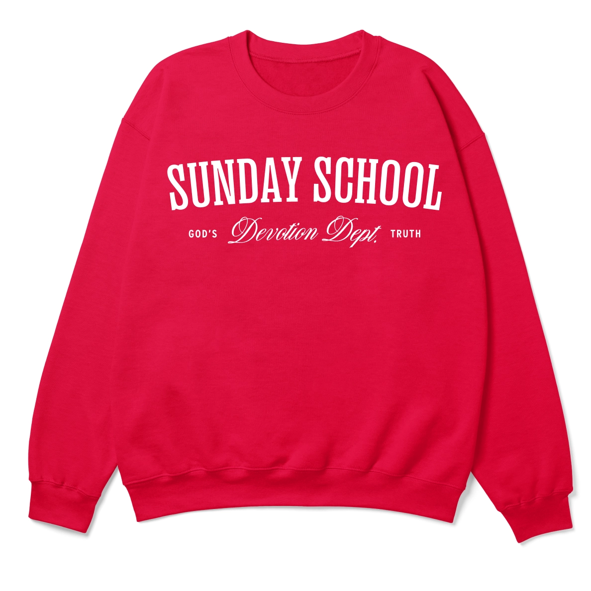 Christian crewneck sweatshirt with the phrase “Sunday School Devotion Dept. – God’s Truth” in varsity-style lettering; cozy unisex cotton-poly blend for faith-based everyday wear.