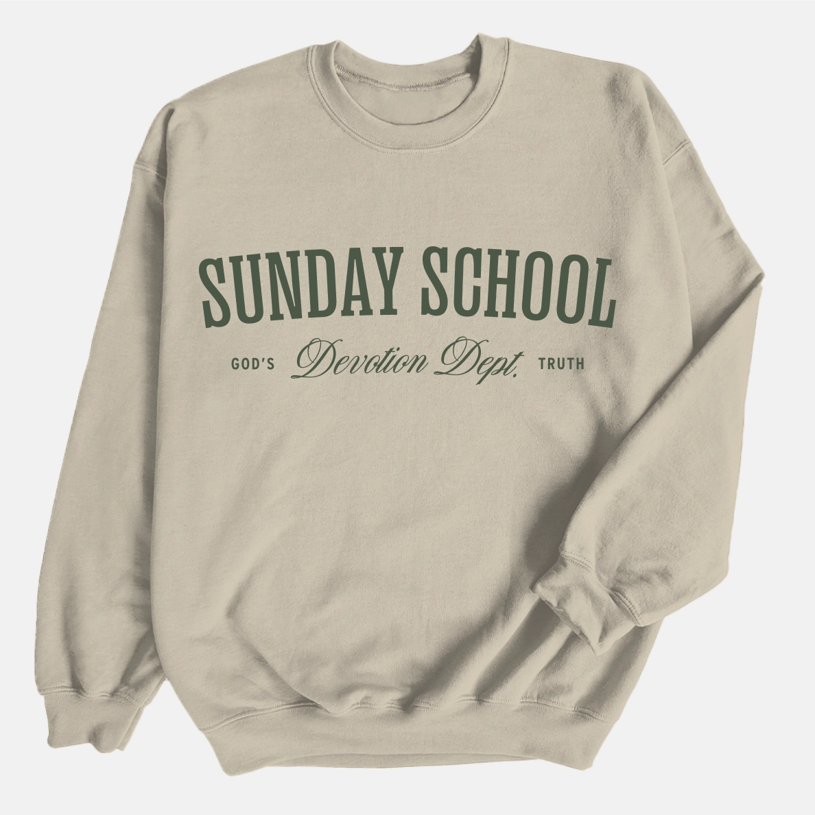 Christian crewneck sweatshirt with the phrase “Sunday School Devotion Dept. – God’s Truth” in varsity-style lettering; cozy unisex cotton-poly blend for faith-based everyday wear.