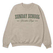 Christian crewneck sweatshirt with the phrase “Sunday School Devotion Dept. – God’s Truth” in varsity-style lettering; cozy unisex cotton-poly blend for faith-based everyday wear.