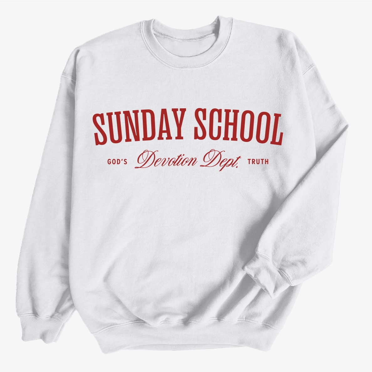 Christian crewneck sweatshirt with the phrase “Sunday School Devotion Dept. – God’s Truth” in varsity-style lettering; cozy unisex cotton-poly blend for faith-based everyday wear.