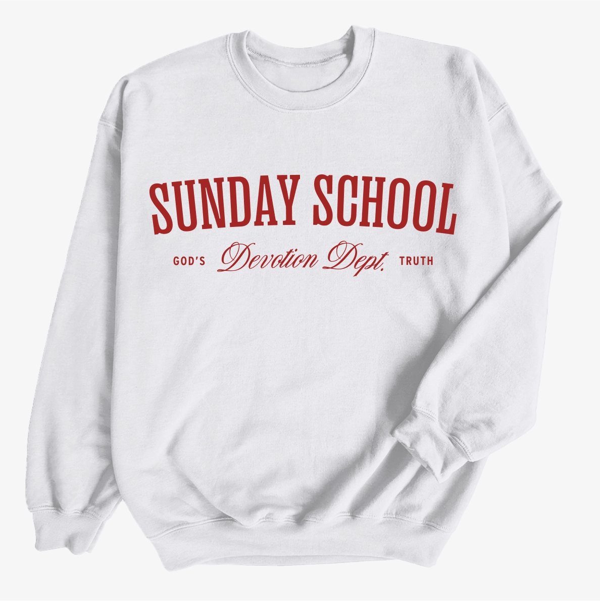 Christian crewneck sweatshirt with the phrase “Sunday School Devotion Dept. – God’s Truth” in varsity-style lettering; cozy unisex cotton-poly blend for faith-based everyday wear.
