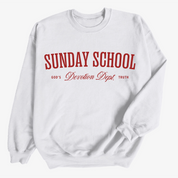 Christian crewneck sweatshirt with the phrase “Sunday School Devotion Dept. – God’s Truth” in varsity-style lettering; cozy unisex cotton-poly blend for faith-based everyday wear.