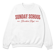 Christian crewneck sweatshirt with the phrase “Sunday School Devotion Dept. – God’s Truth” in varsity-style lettering; cozy unisex cotton-poly blend for faith-based everyday wear.