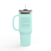 40oz stainless steel travel mug with the phrase “Kind words are like honey” in handwritten script; insulated with straw and lid, perfect Christian gift for women on the go.