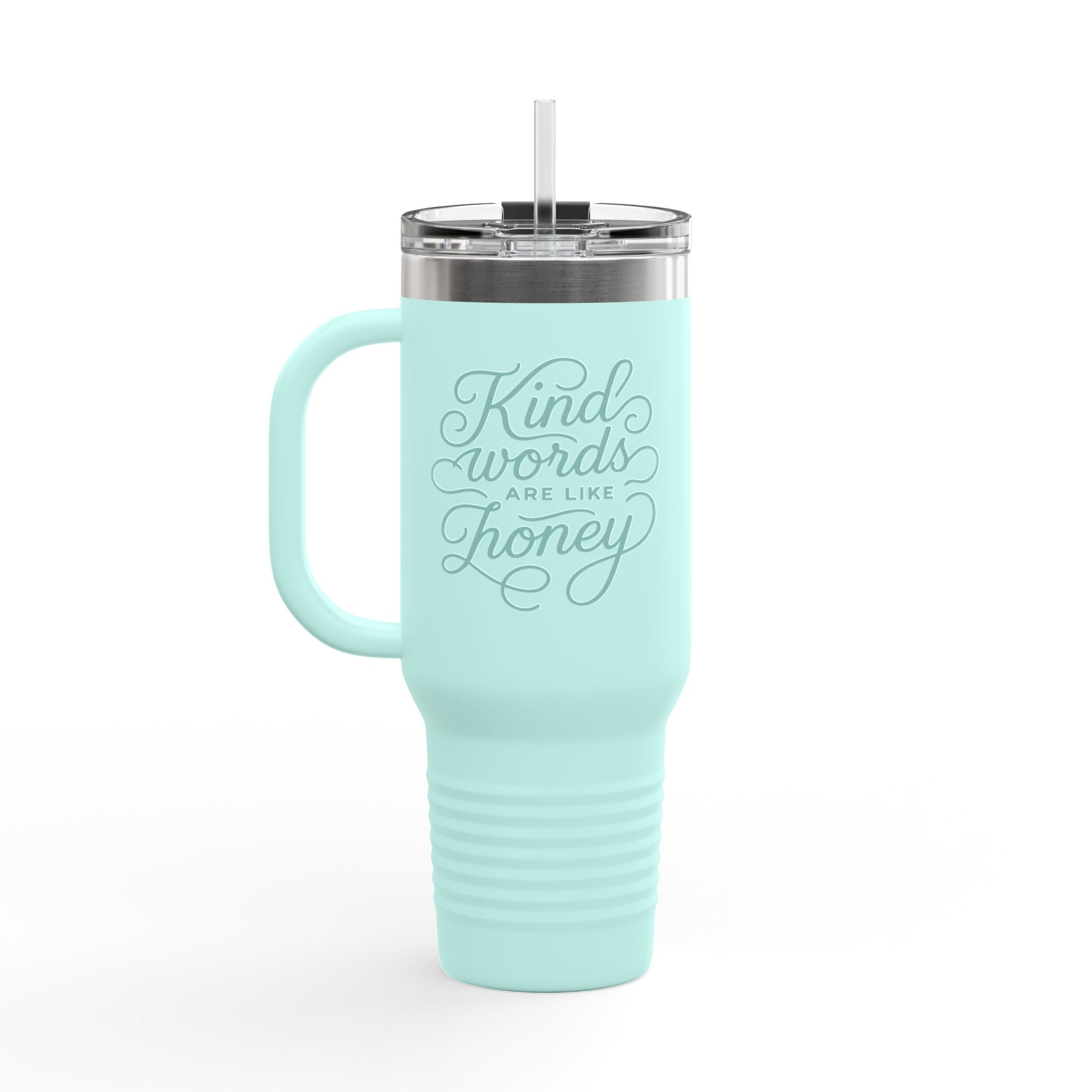 40oz stainless steel travel mug with the phrase “Kind words are like honey” in handwritten script; insulated with straw and lid, perfect Christian gift for women on the go.