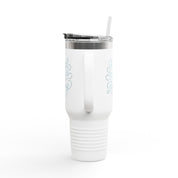 40oz stainless steel travel mug with the phrase “Kind words are like honey” in handwritten script; insulated with straw and lid, perfect Christian gift for women on the go.