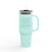 40oz stainless steel travel mug with the phrase “Kind words are like honey” in handwritten script; insulated with straw and lid, perfect Christian gift for women on the go.