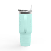 40oz stainless steel travel mug with the phrase “Kind words are like honey” in handwritten script; insulated with straw and lid, perfect Christian gift for women on the go.