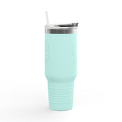 40oz stainless steel travel mug with the phrase “Kind words are like honey” in handwritten script; insulated with straw and lid, perfect Christian gift for women on the go.