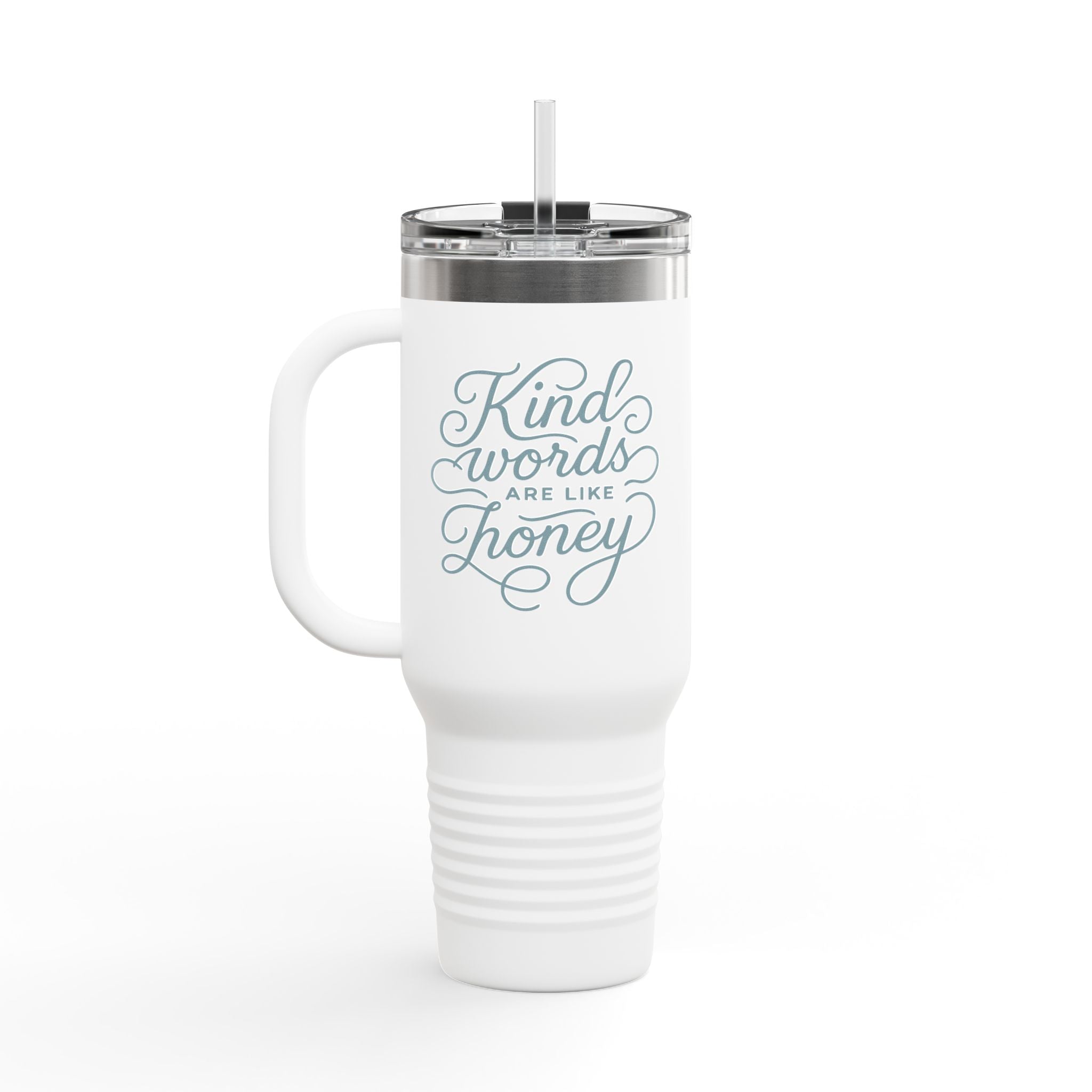40oz stainless steel travel mug with the phrase “Kind words are like honey” in handwritten script; insulated with straw and lid, perfect Christian gift for women on the go.