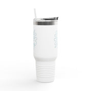 40oz stainless steel travel mug with the phrase “Kind words are like honey” in handwritten script; insulated with straw and lid, perfect Christian gift for women on the go.