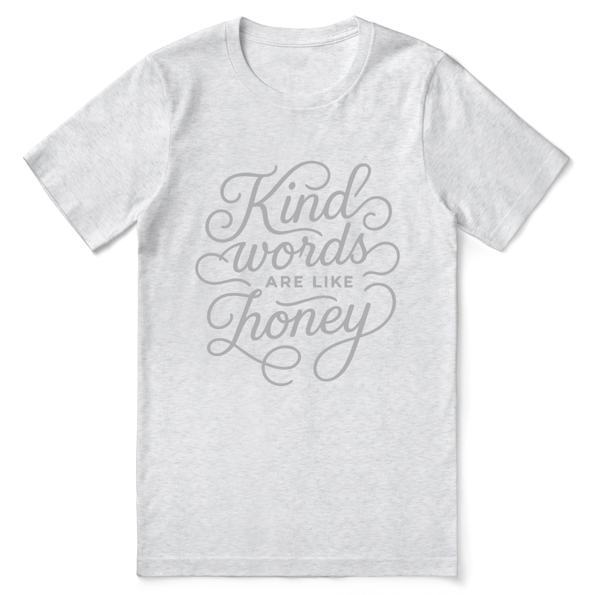 Christian t-shirt with hand-lettered “Kind words are like honey” design inspired by Proverbs 16:24; unisex soft cotton faith-based shirt for encouragement and everyday kindness.