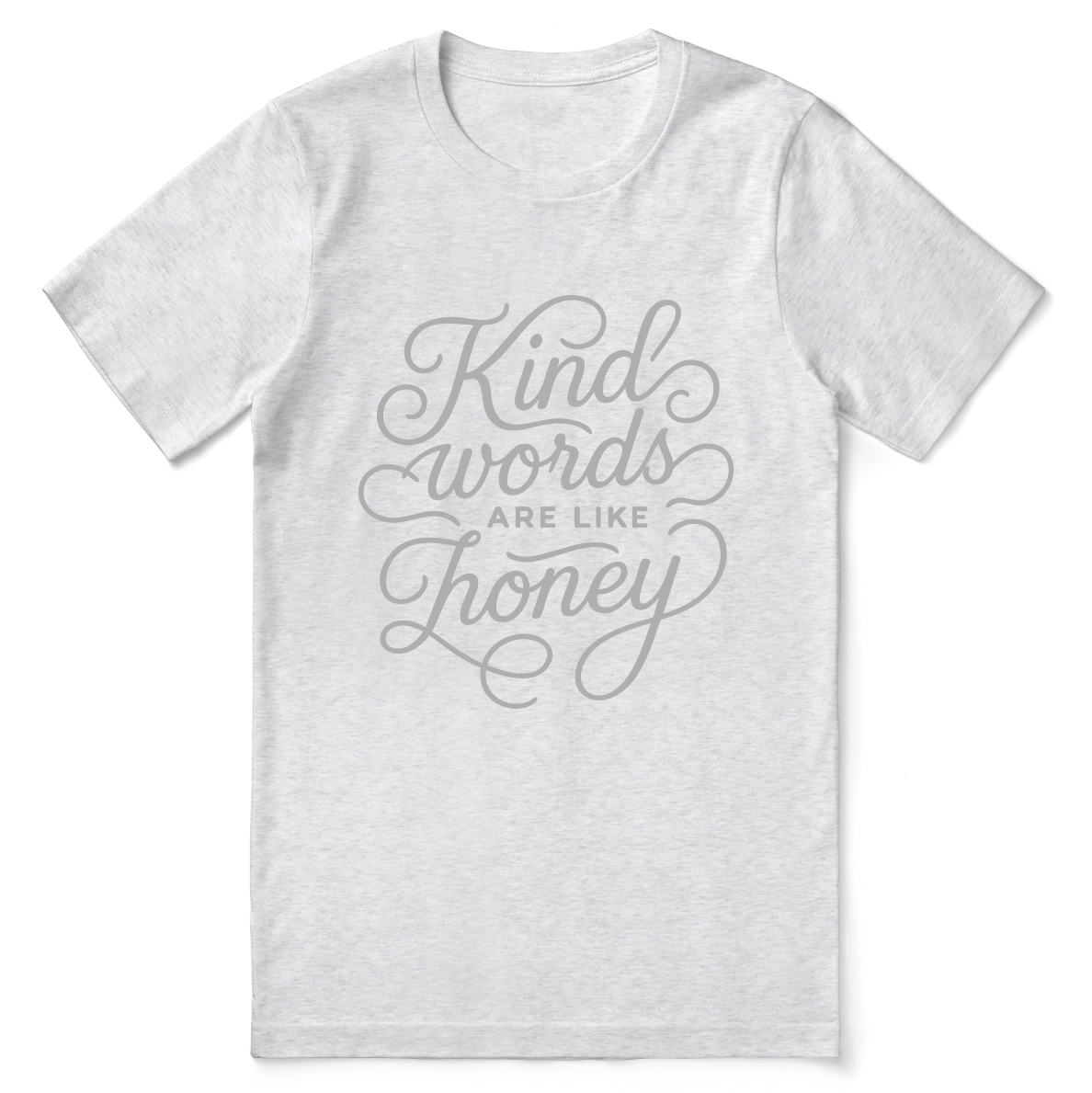 Christian t-shirt with hand-lettered “Kind words are like honey” design inspired by Proverbs 16:24; unisex soft cotton faith-based shirt for encouragement and everyday kindness.
