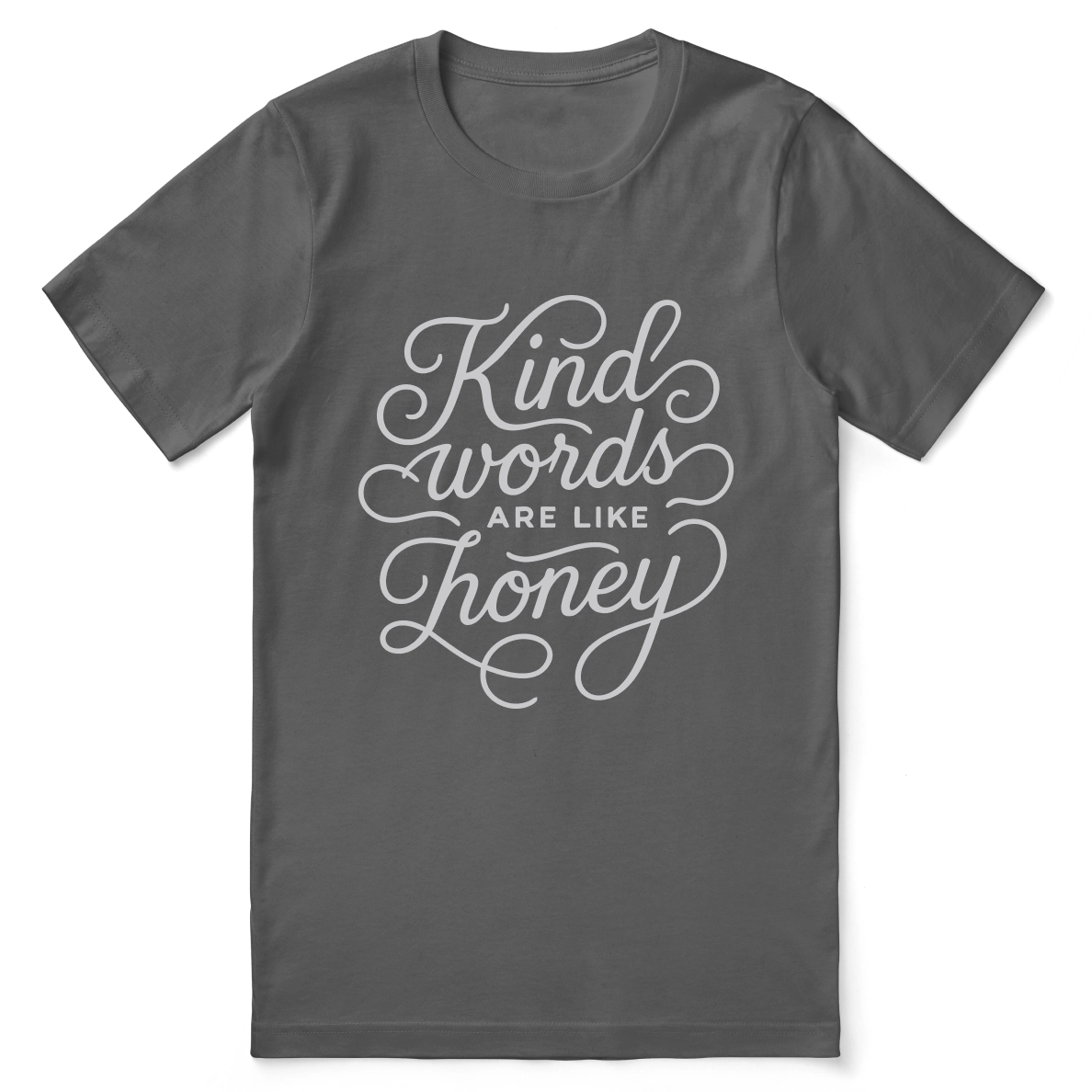 Christian t-shirt with hand-lettered “Kind words are like honey” design inspired by Proverbs 16:24; unisex soft cotton faith-based shirt for encouragement and everyday kindness.