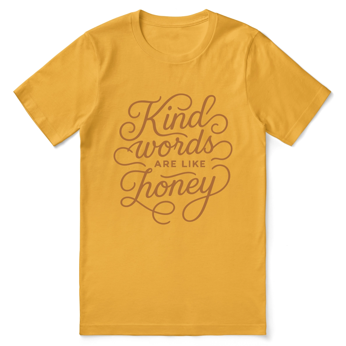Christian t-shirt with hand-lettered “Kind words are like honey” design inspired by Proverbs 16:24; unisex soft cotton faith-based shirt for encouragement and everyday kindness.