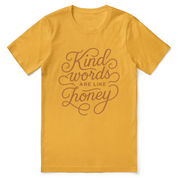 Christian t-shirt with hand-lettered “Kind words are like honey” design inspired by Proverbs 16:24; unisex soft cotton faith-based shirt for encouragement and everyday kindness.