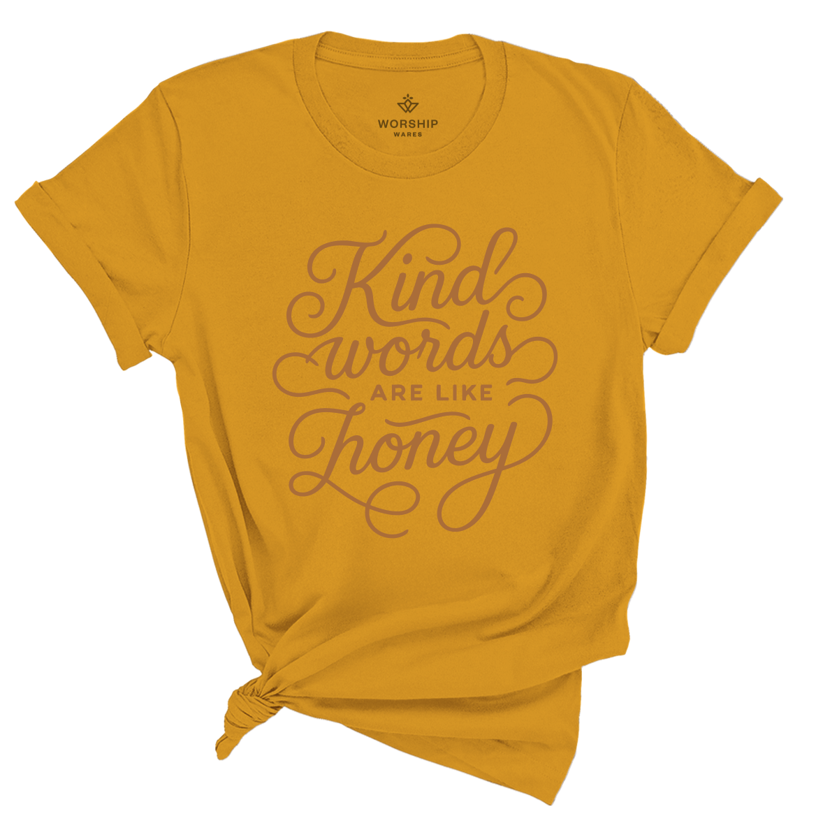 Christian t-shirt with hand-lettered “Kind words are like honey” design inspired by Proverbs 16:24; unisex soft cotton faith-based shirt for encouragement and everyday kindness.