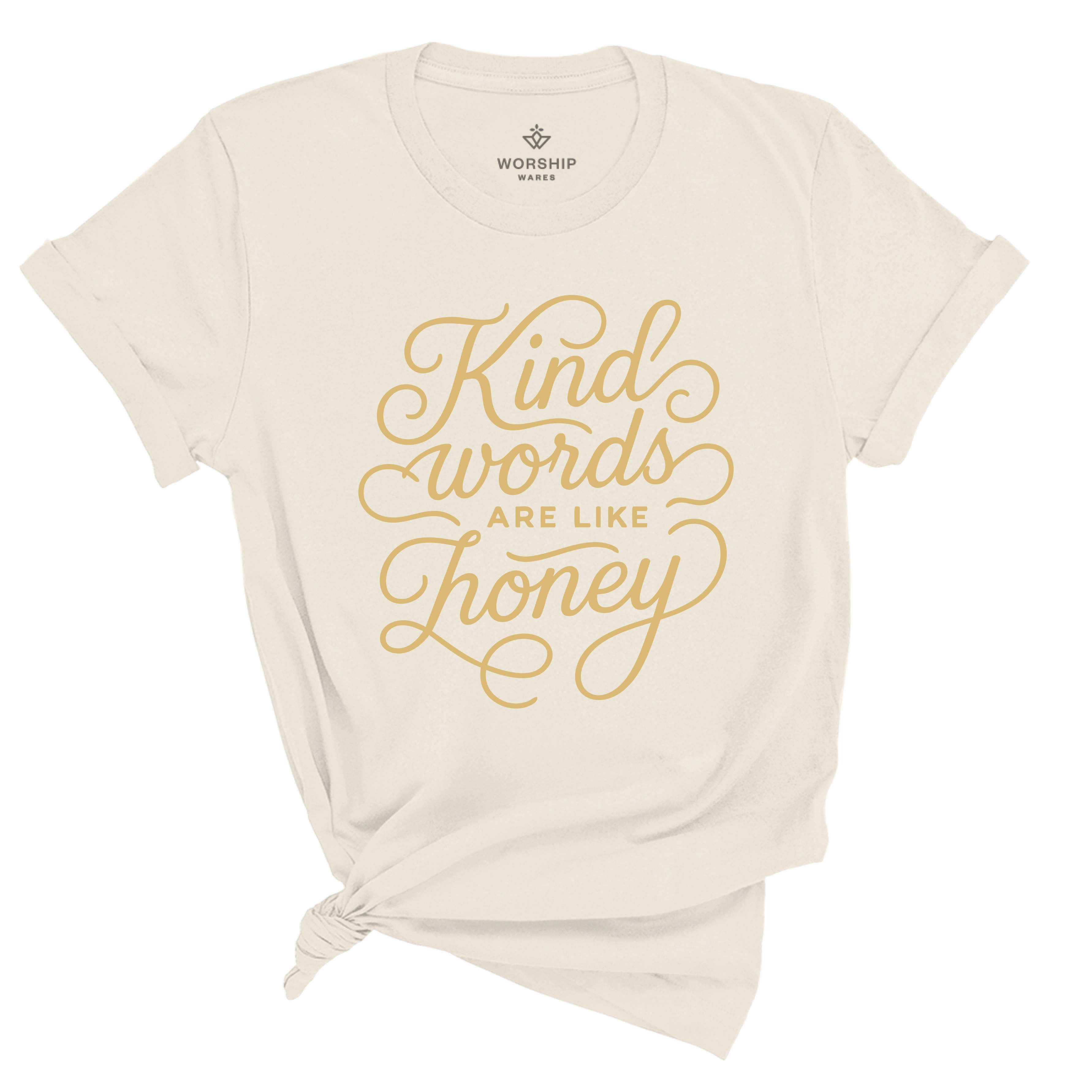 Unisex Christian t-shirt with hand-lettered “Kind words are like honey” text; soft cotton faith-based shirt inspired by Proverbs 16:24, perfect for gifting or daily wear.