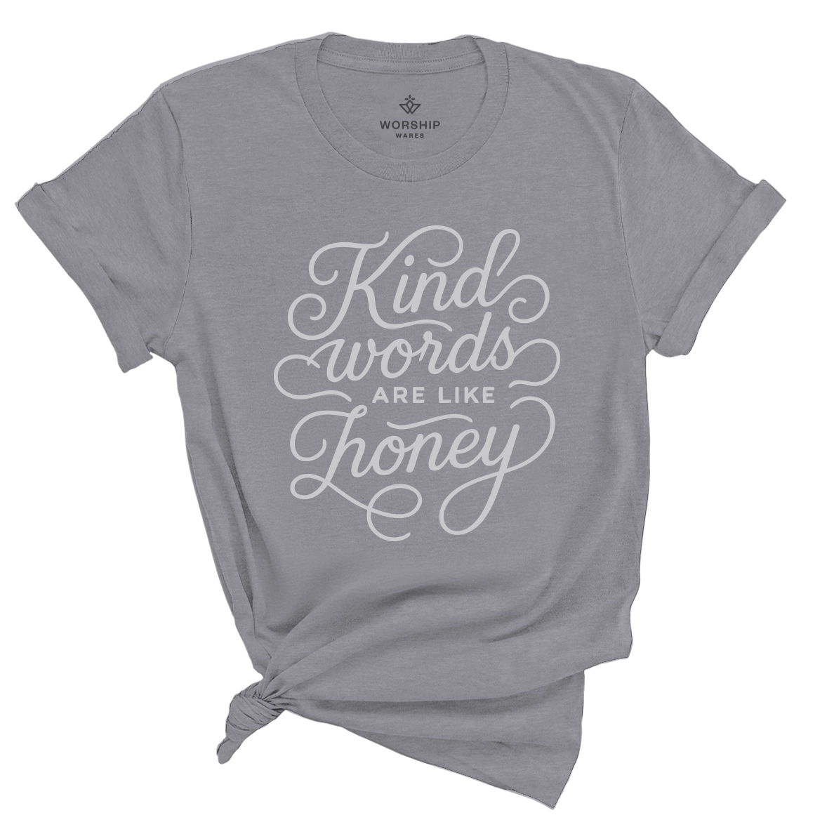 Unisex Christian t-shirt with hand-lettered “Kind words are like honey” text; soft cotton faith-based shirt inspired by Proverbs 16:24, perfect for gifting or daily wear.