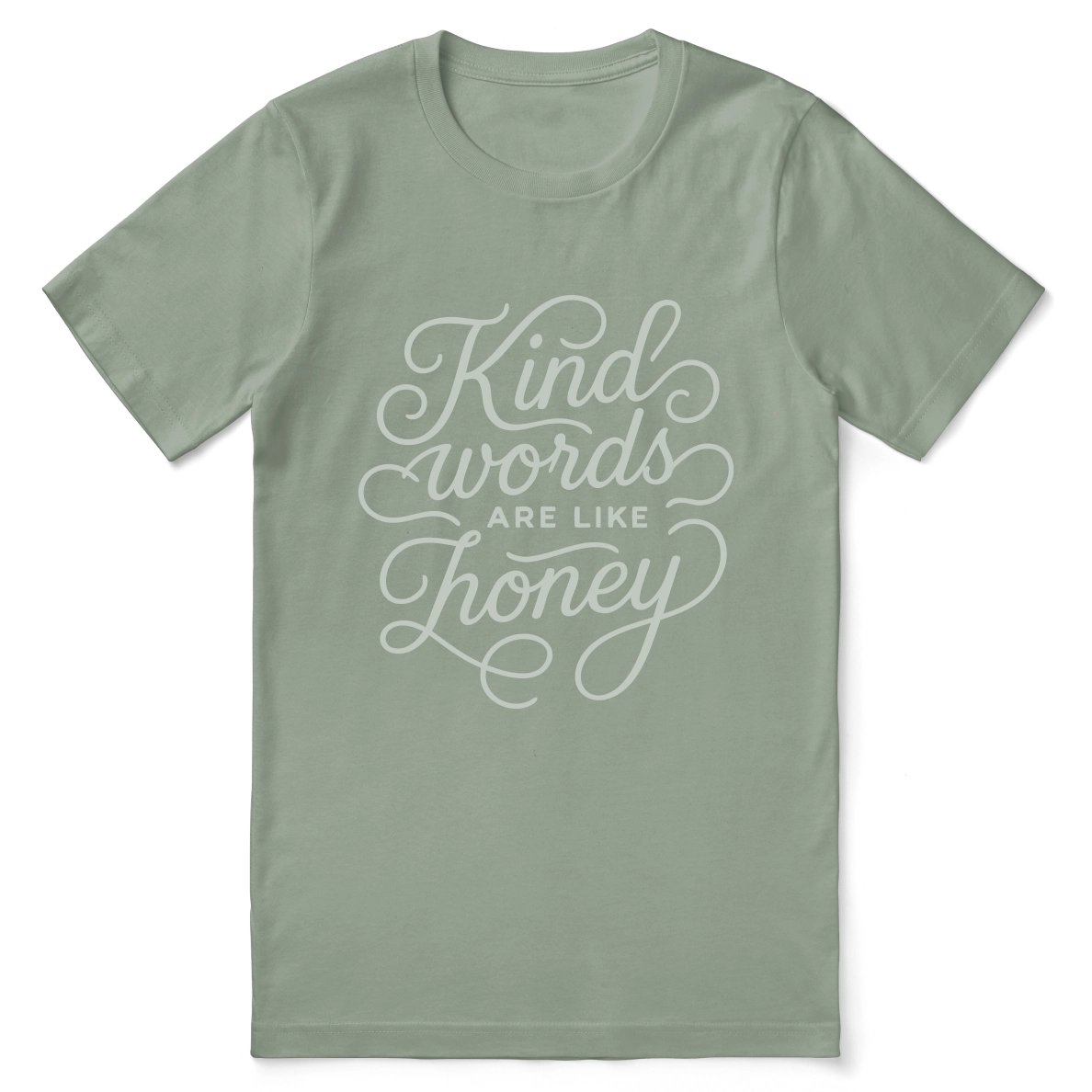 Christian t-shirt with hand-lettered “Kind words are like honey” design inspired by Proverbs 16:24; unisex soft cotton faith-based shirt for encouragement and everyday kindness.