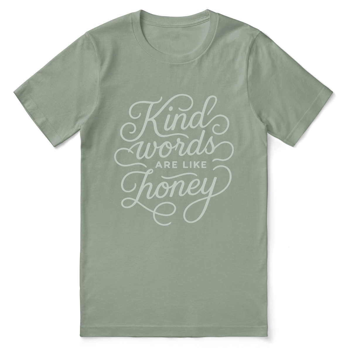 Christian t-shirt with hand-lettered “Kind words are like honey” design inspired by Proverbs 16:24; unisex soft cotton faith-based shirt for encouragement and everyday kindness.
