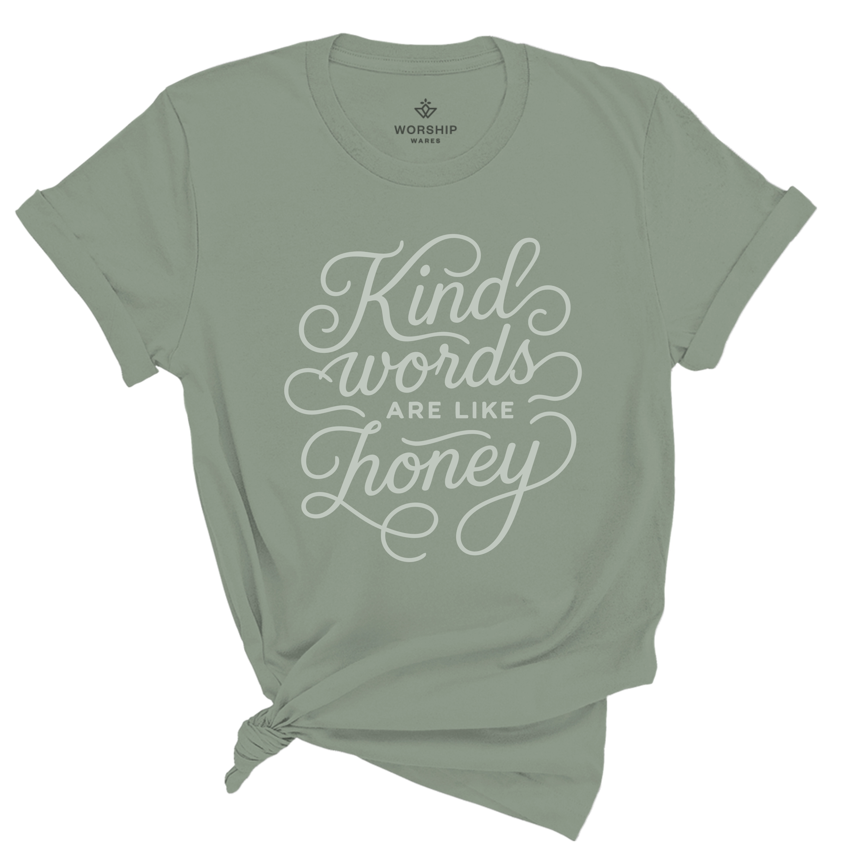 Unisex Christian t-shirt with hand-lettered “Kind words are like honey” text; soft cotton faith-based shirt inspired by Proverbs 16:24, perfect for gifting or daily wear.