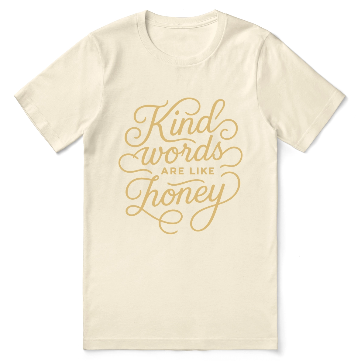 Christian t-shirt with hand-lettered “Kind words are like honey” design inspired by Proverbs 16:24; unisex soft cotton faith-based shirt for encouragement and everyday kindness.