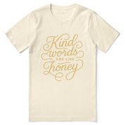 Christian t-shirt with hand-lettered “Kind words are like honey” design inspired by Proverbs 16:24; unisex soft cotton faith-based shirt for encouragement and everyday kindness.