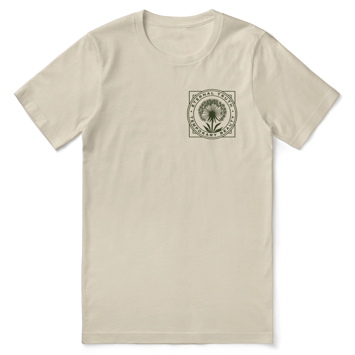 Christian t-shirt with the phrase “Temporary Beauty, Eternal Truth” inspired by Isaiah 40:8; soft unisex Scripture tee focused on enduring faith and timeless truth.