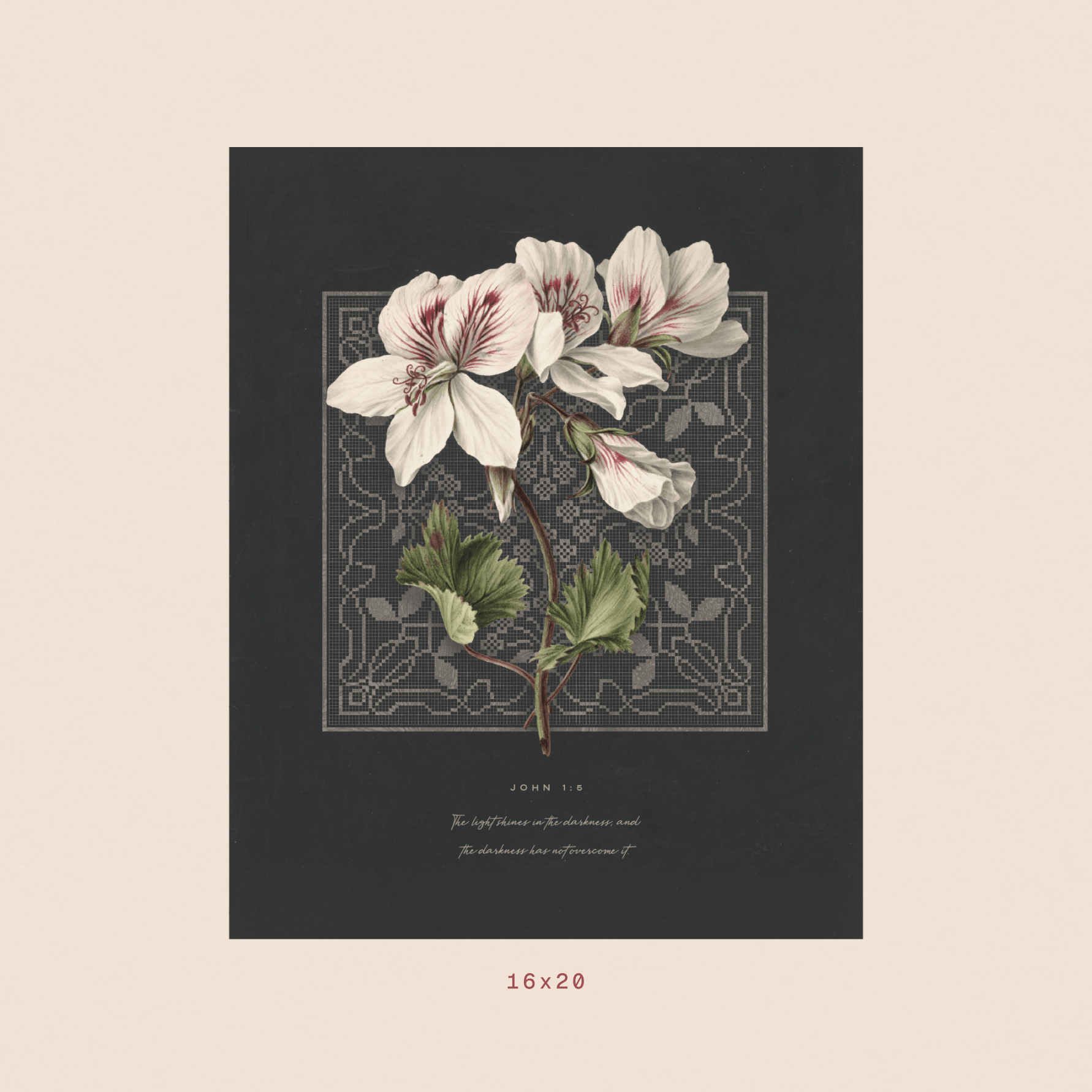 John 1:5 botanical scripture print, 16x20 size — bible verse wall decor