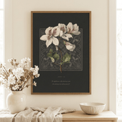 John 1:5 wall art framed above a table with fresh white flowers — christian bible verse decor in a styled room