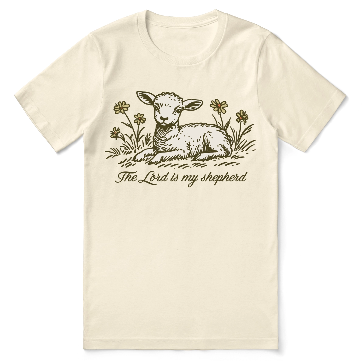 Christian t-shirt with the phrase “The Lord Is My Shepherd” inspired by Psalm 23; unisex faith tee symbolizing guidance, peace, and trust in God’s care.