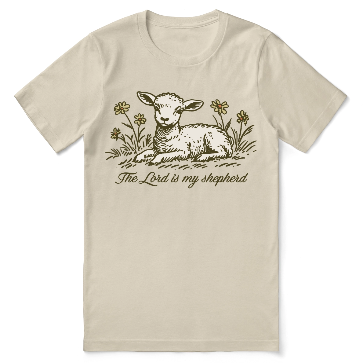 Christian t-shirt with the phrase “The Lord Is My Shepherd” inspired by Psalm 23; unisex faith tee symbolizing guidance, peace, and trust in God’s care.