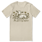 Christian t-shirt with the phrase “The Lord Is My Shepherd” inspired by Psalm 23; unisex faith tee symbolizing guidance, peace, and trust in God’s care.