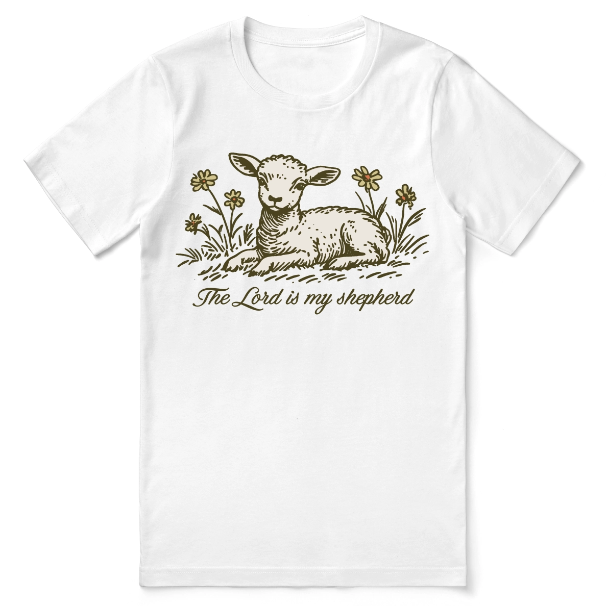 Christian t-shirt with the phrase “The Lord Is My Shepherd” inspired by Psalm 23; unisex faith tee symbolizing guidance, peace, and trust in God’s care.