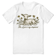 Christian t-shirt with the phrase “The Lord Is My Shepherd” inspired by Psalm 23; unisex faith tee symbolizing guidance, peace, and trust in God’s care.