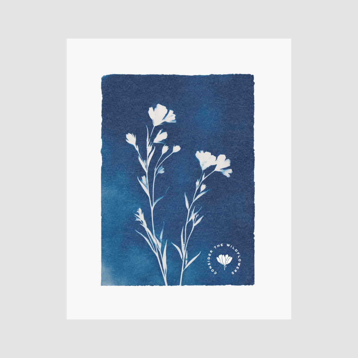 Blue floral print with white flowers on a white background