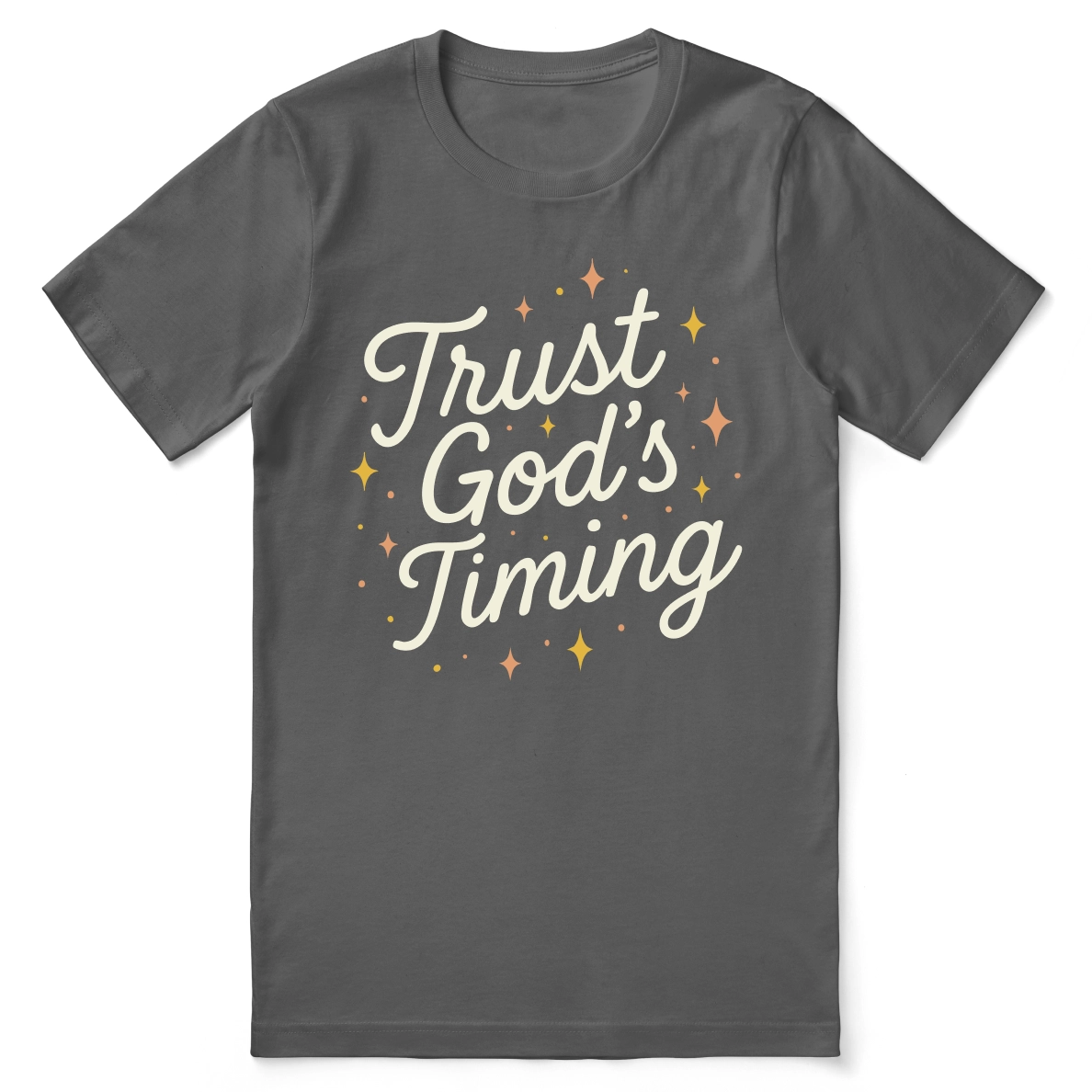 Christian t-shirt with the phrase “Trust God’s Timing” in radiant hand-lettered script; soft unisex cotton faith tee offering encouragement and patience in God’s plan.