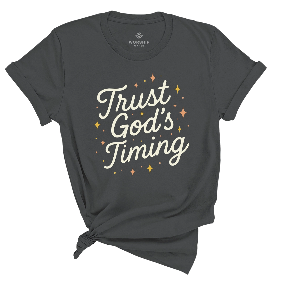 Christian t-shirt with “Trust God’s Timing” in shining script design; unisex soft cotton shirt symbolizing faith, patience, and hope in God's perfect plan.